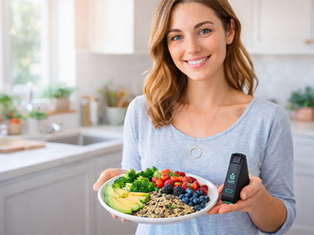 Pessoa utilizando o sensor portátil de glúten da Nima para testar a segurança de uma refeição em um restaurante.