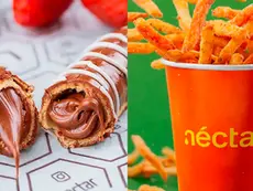 duas imagens bem iluminadas, uma é um doce de chocolate recheado com creme de chocolate e a outra um copo de batata frita