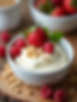 Iogurte natural cremoso em uma tigela, adornado com frutas vermelhas frescas, sementes de