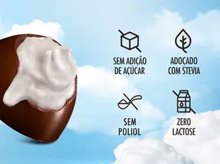 Três bombons de chocolate com recheios diferentes, apresentados acima de nuvens e próximos a embalagens de sorvete HAOMA de diferentes sabores e cores, destacando opções sem açúcar, sem glúten, adoçado com stevia e zero lactose.