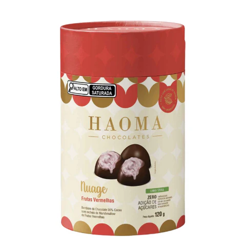 Caixa de bombons Haoma com recheio de frutas vermelhas, sem adição de açúcar, ideal para quem busca opção de chocolate mais saudável e saborosa.