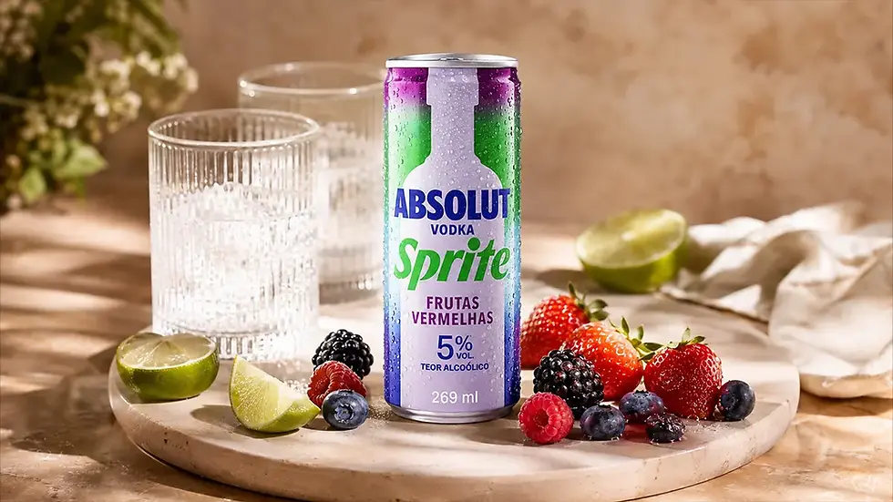 Lata de Absolut Vodka Sprite Frutas Vermelhas entre copos, limões e frutas vermelhas sobre bandeja de pedra, cena fresca.