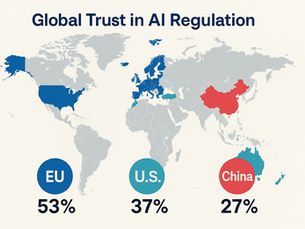 Map of the world showing trust levels in Europe, the US, and China.