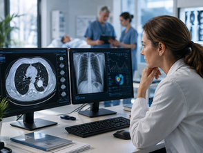 A radiologist sits at a workstation in a modern hospital, reviewing CT and X-ray images displayed on two computer monitors while other healthcare professionals consult in the background. The image represents the role of trustworthy AI in supporting clinical decision-making, with the clinician remaining at the centre of patient care.