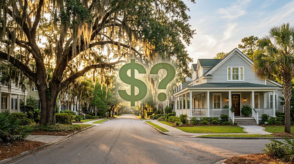 A low country street with dollar sign and question mark.