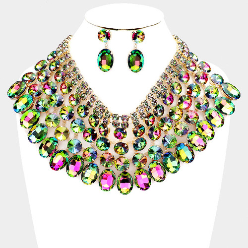 "Jacosta" Pink and Green Crystal Bib Necklace Neckology 101