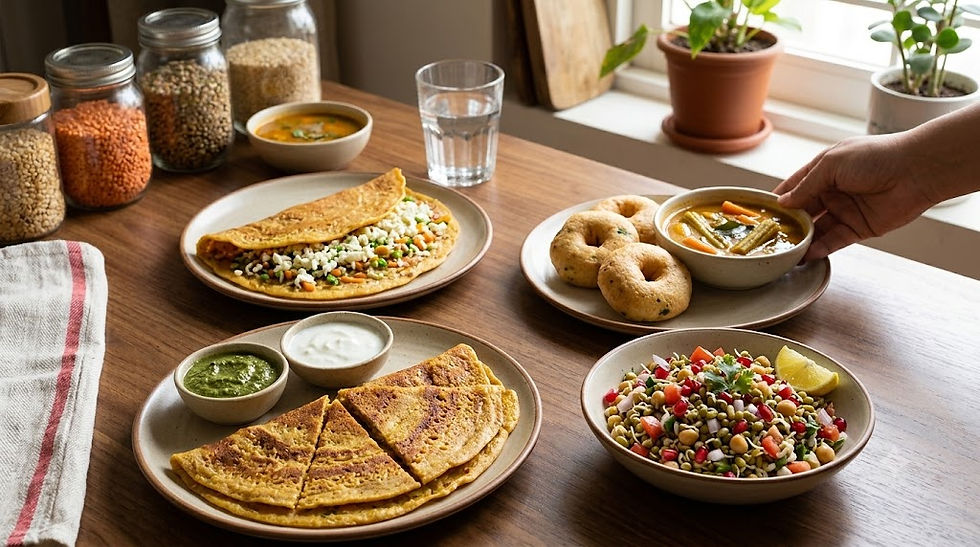 An overhead view of a table spread with nutritious, protein-rich Indian breakfasts including chillas, sprouted salad, and vada sambar.