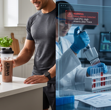 A split image illustrating a healthy perception of a protein shake in a kitchen contrasted with laboratory analysis revealing heavy metals, sugar, and amino acid spiking.