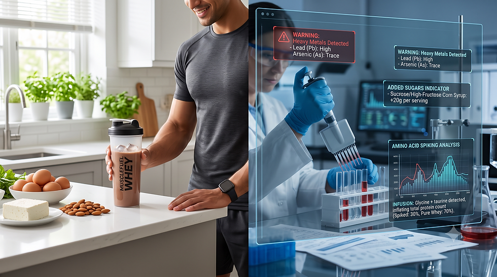 A split image illustrating a healthy perception of a protein shake in a kitchen contrasted with laboratory analysis revealing heavy metals, sugar, and amino acid spiking.