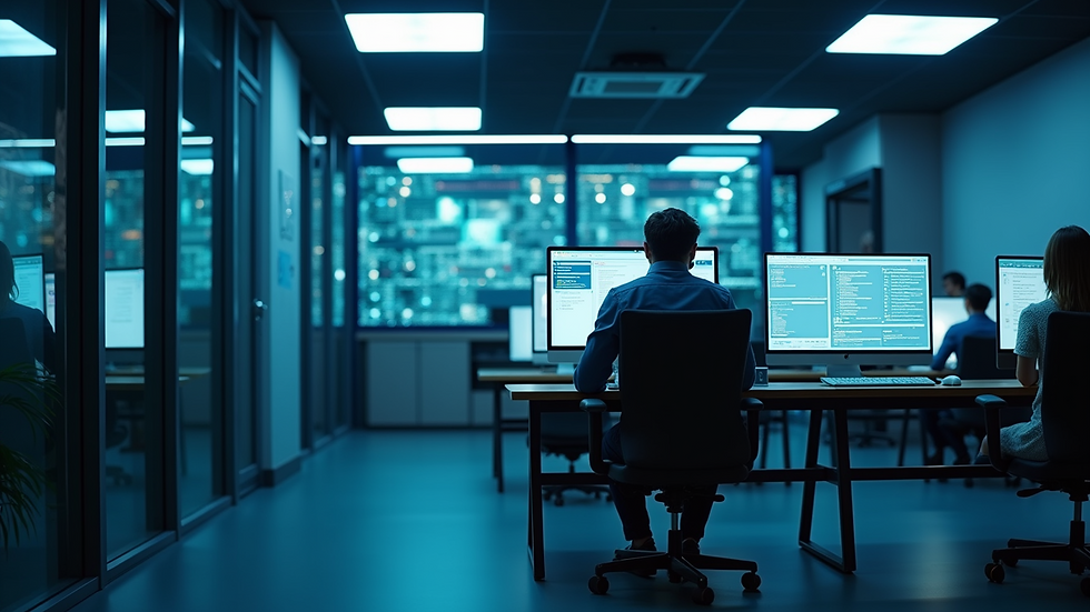 High angle view of a modern office with cybersecurity equipment