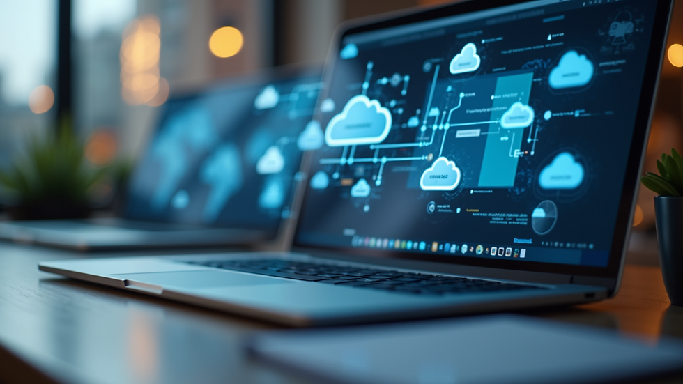 Eye-level view of a modern workspace with cloud computing icons