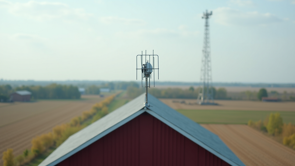 Close-up view of a wireless antenna on a barn roof