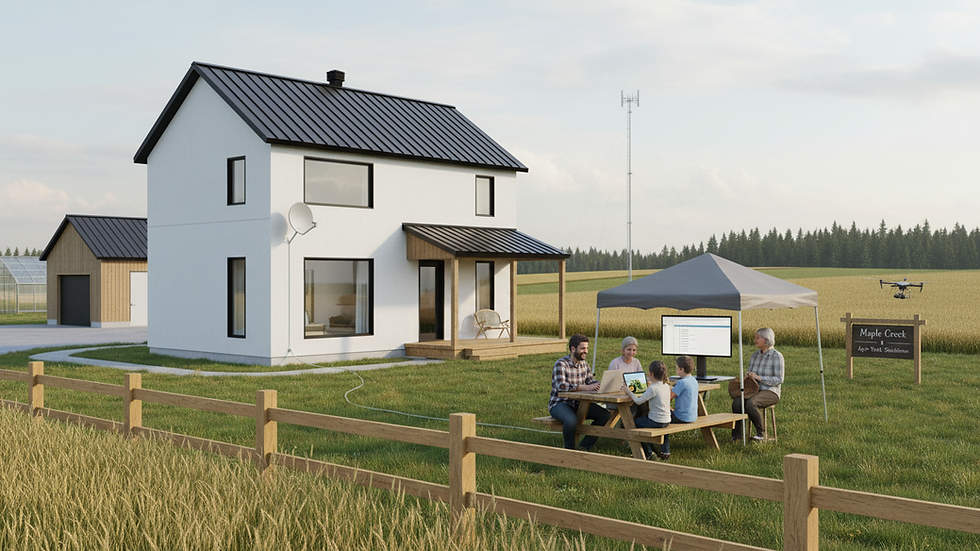 Eye-level view of a rural farmhouse with satellite internet dish