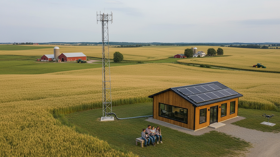 Wide angle view of a rural wireless tower surrounded by farmland