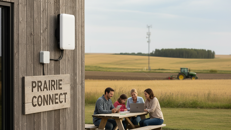 Close-up view of wireless internet equipment installed on a rural business building
