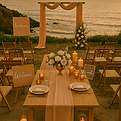 Outside rose gold wedding table setup
