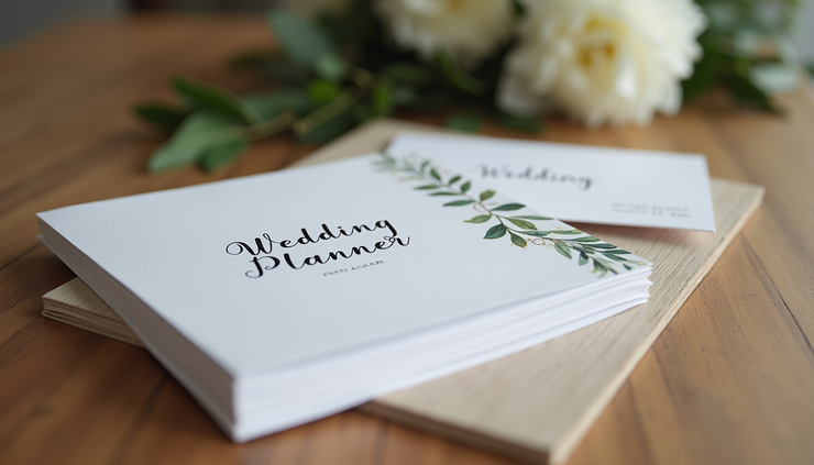 Close-up view of a wedding planner’s brochure and business card on a wooden table