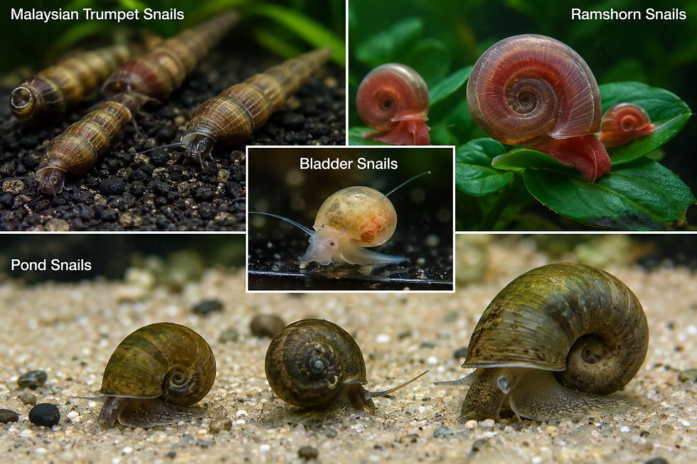 Collage of Malaysian trumpet, ramshorn, bladder, and pond snails on gravel and green leaves, labeled in white text.