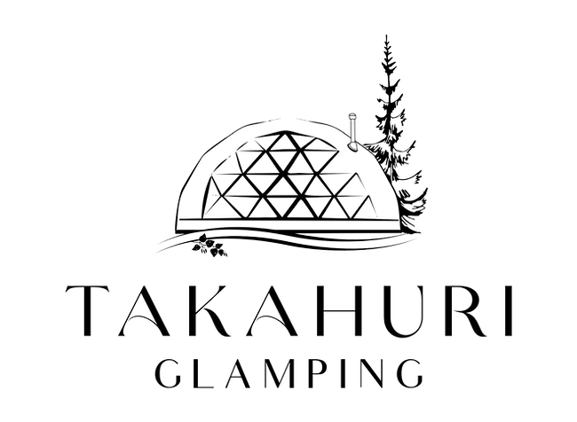 the takahuri glamping logo, which is a set of three geodesic domes available for rent in Whanganui, New Zealand. the logo is a simplistic cartoon of a geodesic dome with a chimney coming out the top right, or top left if you are actually inside the dome. there is a tree behind the right of the dome, if you're standing out the front looking at it, if you're standing in the dome, then it's behind you to the left! there is also a small leafy branch at on the left side of the logo.