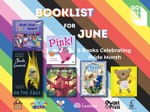 Rainbow Pride graphic with six book covers and text BOOKLIST FOR JUNE: 6 Books Celebrating Pride Month