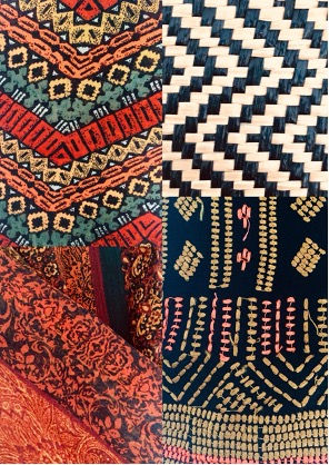 Collage of four colorful woven textile patterns with zigzags and geometric motifs in red, blue, cream, and orange.