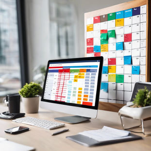 Organized desk with digital schedule and wall calendar for time management