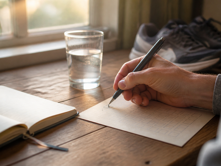 Hand checking a daily habit tracker beside a notebook and walking shoes
