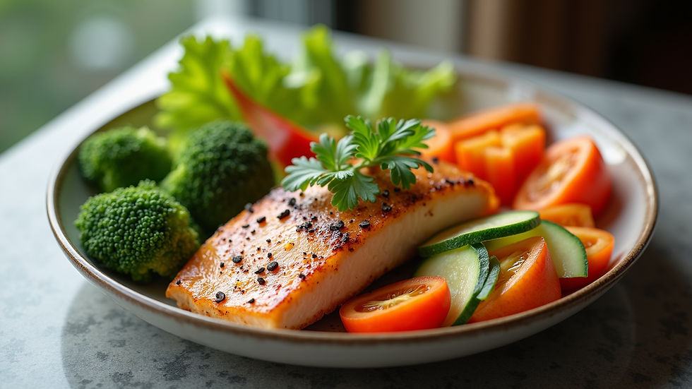 Eye-level view of a colorful plate filled with fresh vegetables and lean protein