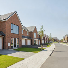 Street of newly built brick houses on a modern housing estate