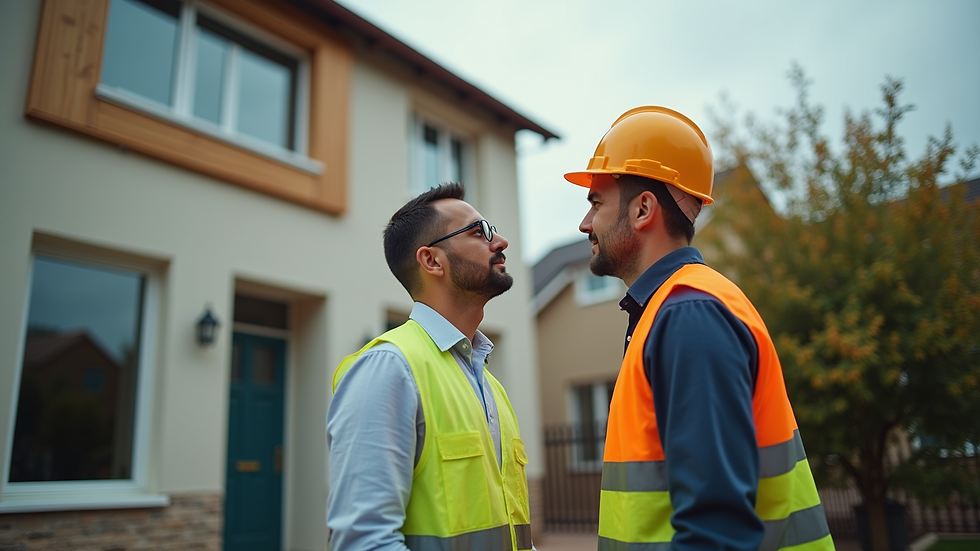 Eye-level view of a surveyor inspecting a residential building exterior