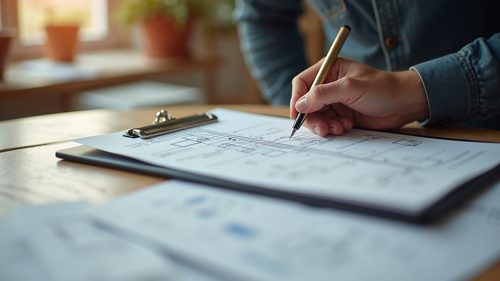 Close-up view of a surveyor’s clipboard with building plans and notes