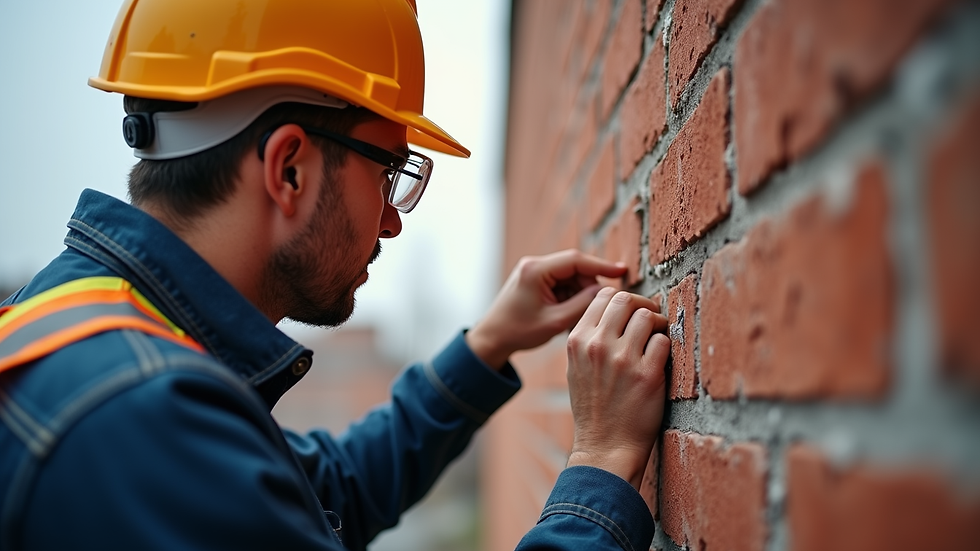 Close-up view of a surveyor examining cracks in a brick wall