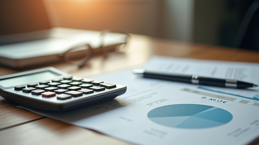 High angle view of a calculator and property documents on a wooden table