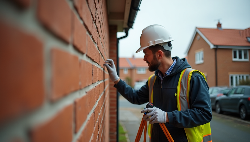 Surveyor in a hard hat and hi-vis vest inspecting the brickwork of a house wall