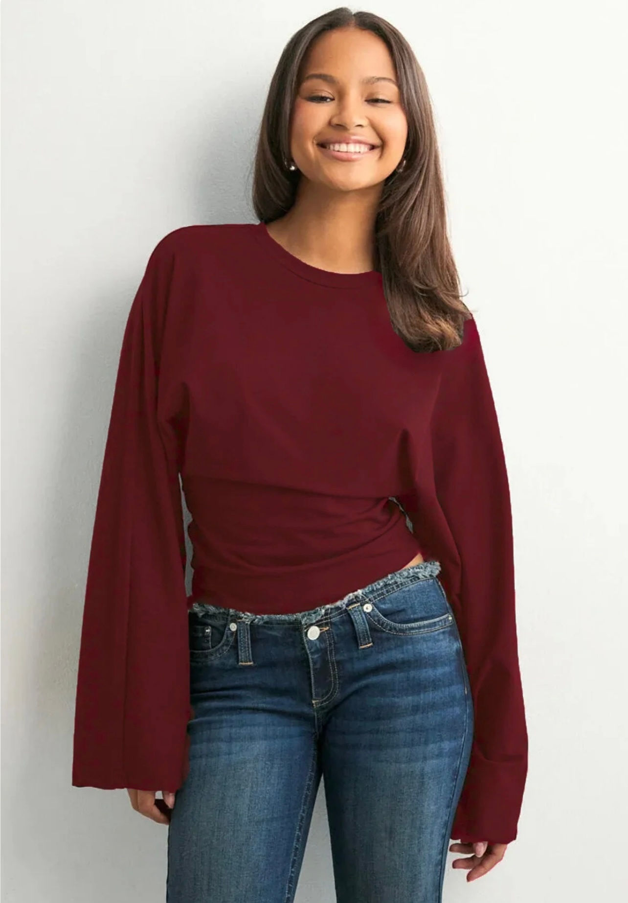 Dalgıç Kumaş Bisiklet Yaka Geniş Kollu Bluz