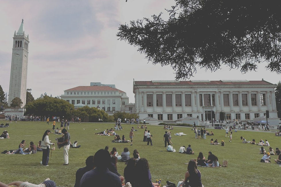 People relaxing on a grassy campus quad with buildings behind