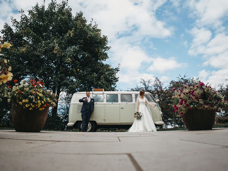 VW wedding car arriving at The Carriage Hall, a converted Victorian railway building in Plumtree