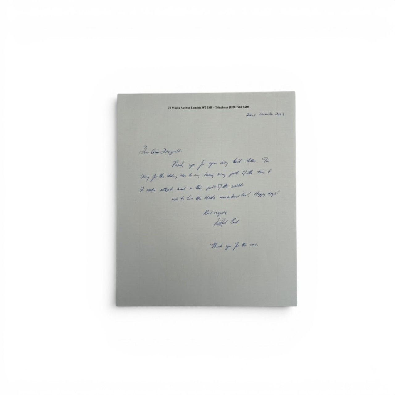 Michael Bond - Original hand-written letter from Michael Bond on headed notepape