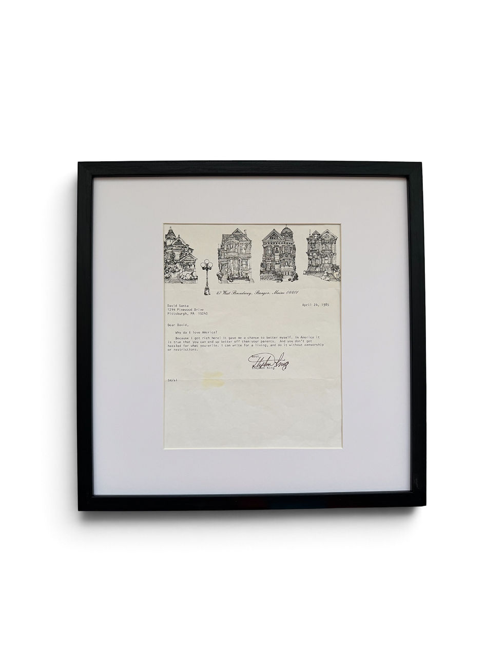 Stephen King signed letter framed
