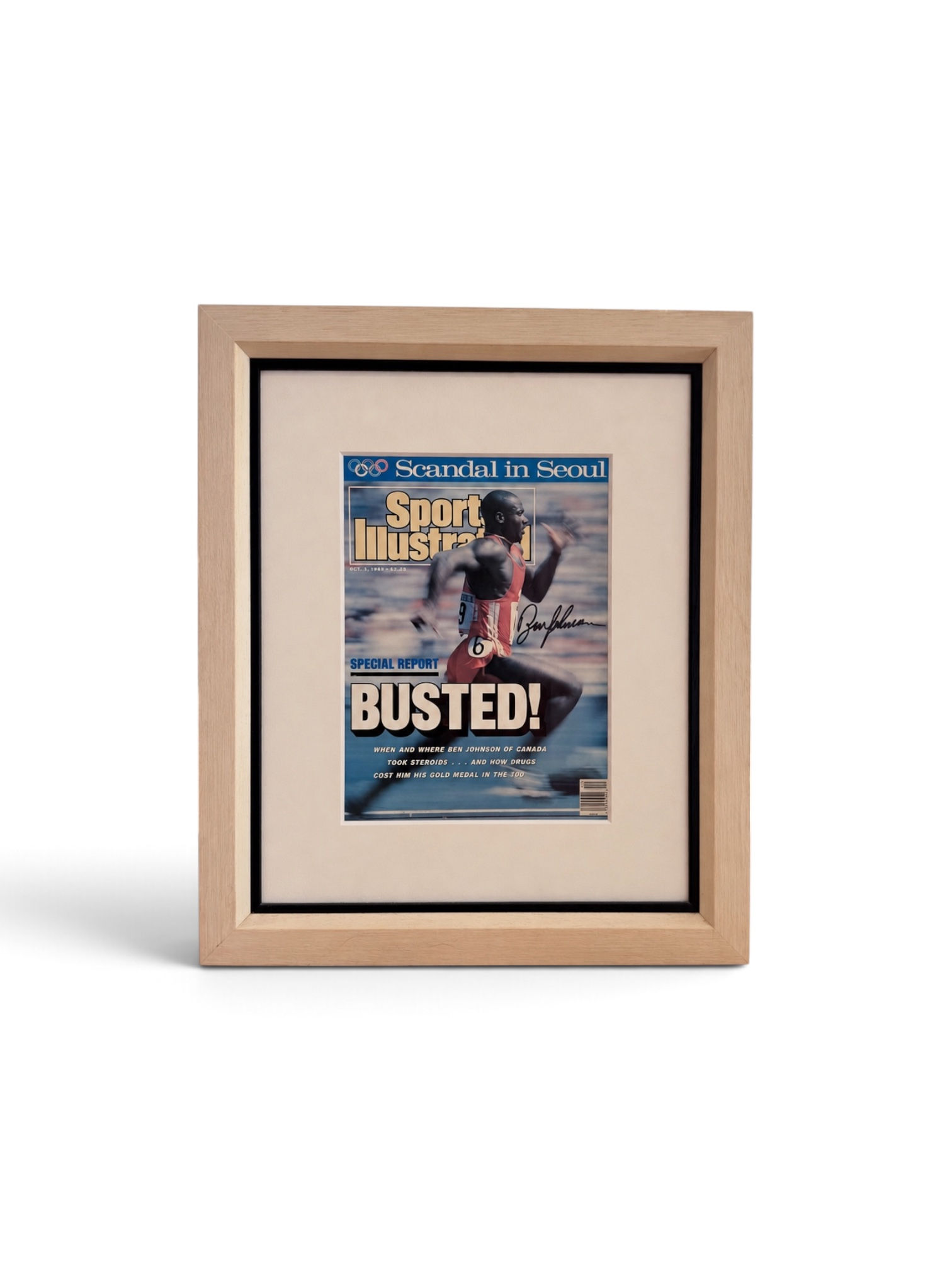 Ben Johnson signed Sports Illustrated Busted cover, full framed display