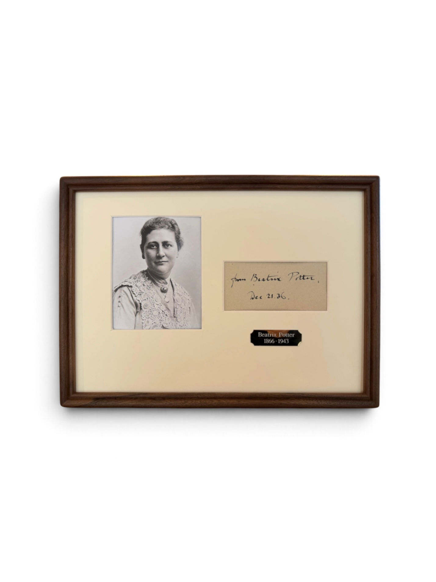 Beatrix Potter signed and dated 1936 autograph, framed with portrait