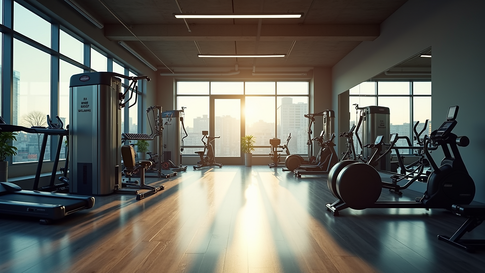 Wide angle view of a tranquil gym environment with fitness equipment