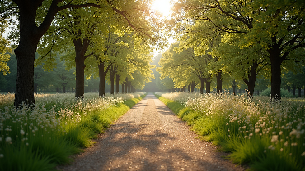 Wide angle view of a serene outdoor setting with a walking path