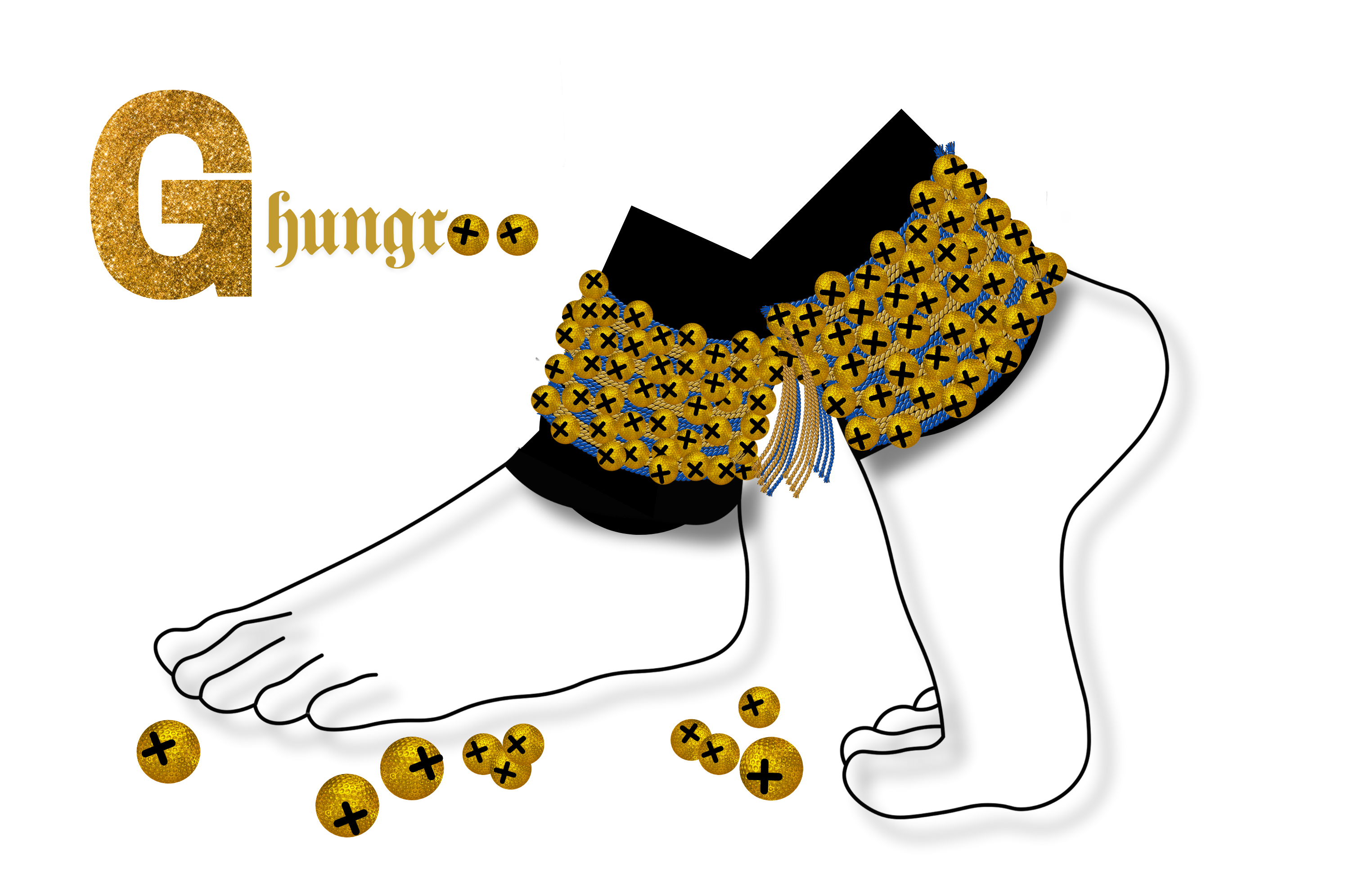 Traditional Kathak ghungroo featuring 51 brass bells woven with golden and blue threads.