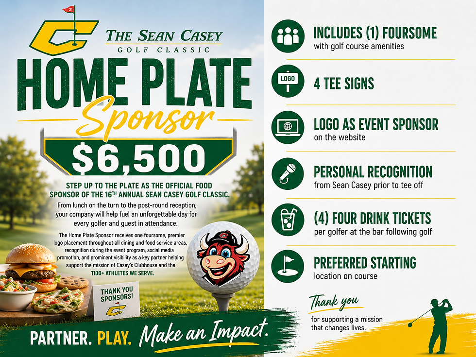 Golf classic flyer for Home Plate Sponsor, $6,500, with sponsor perks listed and golfer graphic on a green-and-gold layout.