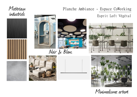 planche ambiance d'un espace de coworking dans un style loft avec une forte présence de végétaux.