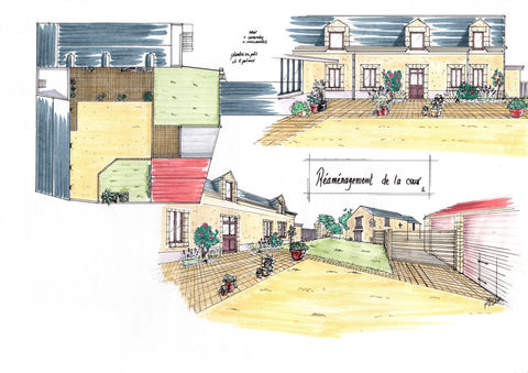 différents croquis faits main pour visualiser le nouvel aménagement d'une cour.