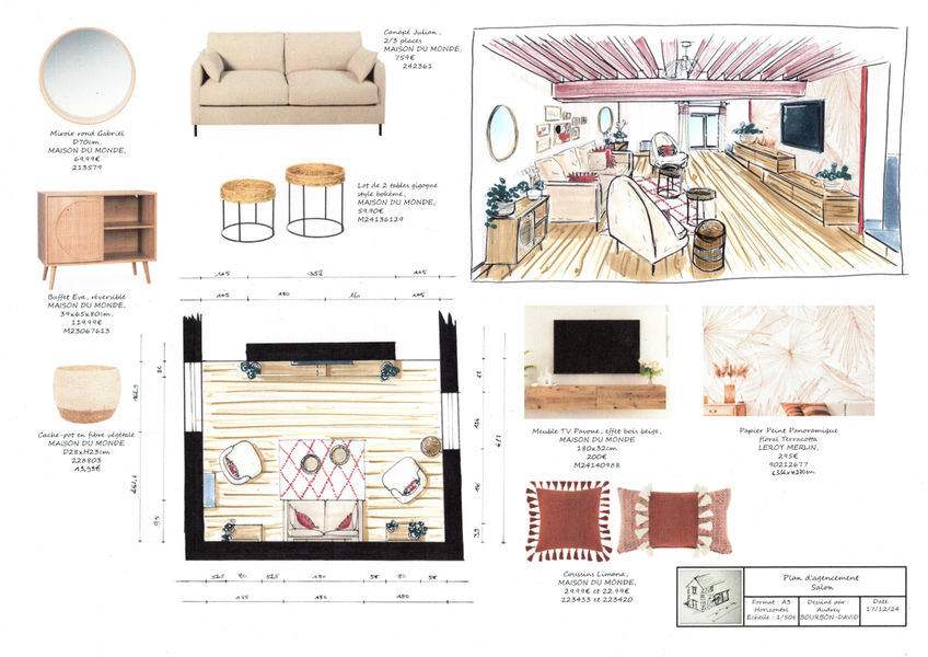 croquis faits main d'un salon aux touches terra cotta et beige/blanc cassé pour une ambiance chaleureuse et cocooning.