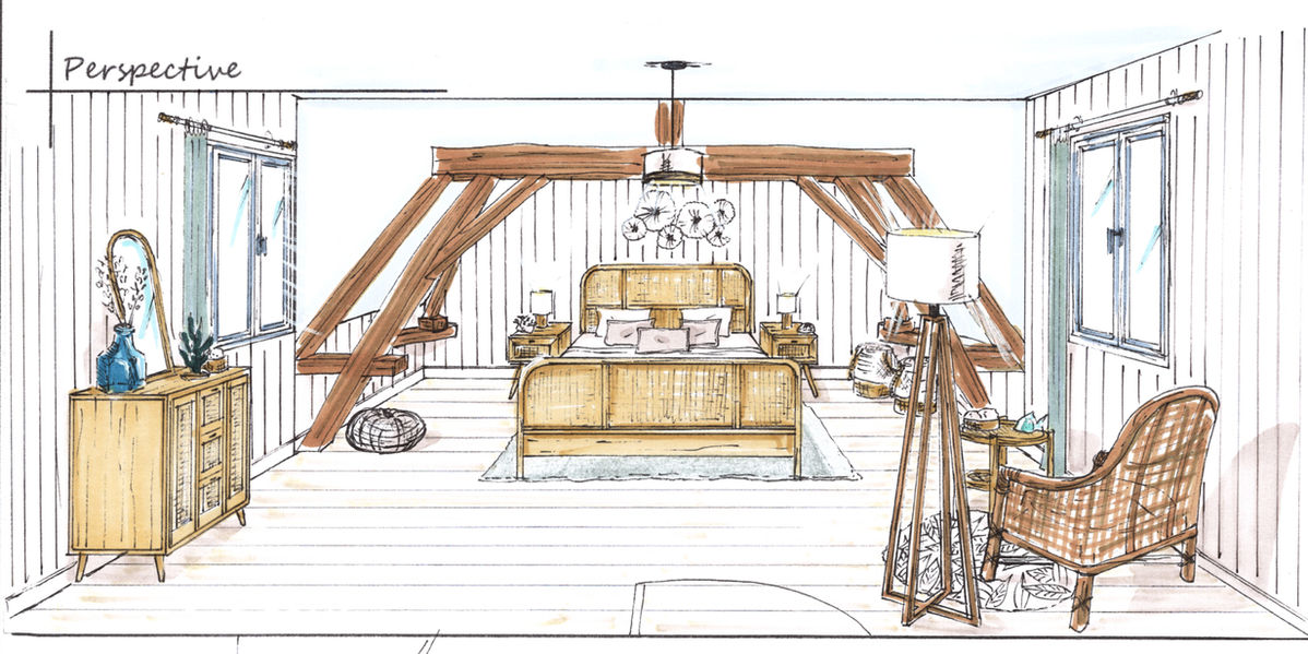 perspective faite main d'une chambre dans un style bord de mer.