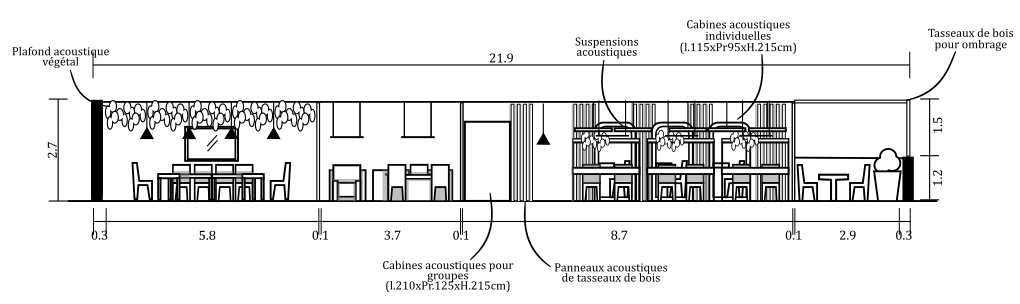 plan de coupe d'un espace de coworking dans un style loft avec beaucoup de végétaux.